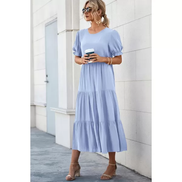imagePRETTYGARDEN Womens Summer Casual Boho Dress Floral Print Ruffle Puff Sleeve High Waist Midi Beach DressesSolid Sky Blue
