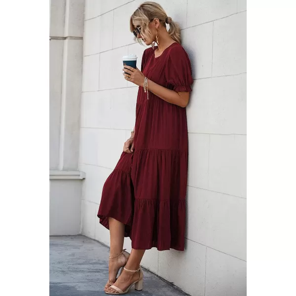 imagePRETTYGARDEN Womens Summer Casual Boho Dress Floral Print Ruffle Puff Sleeve High Waist Midi Beach DressesSolid Wine Red