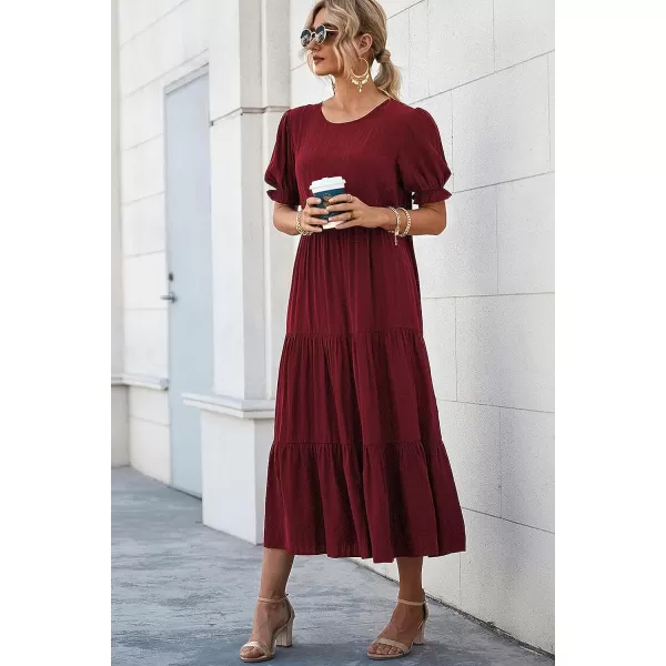 imagePRETTYGARDEN Womens Summer Casual Boho Dress Floral Print Ruffle Puff Sleeve High Waist Midi Beach DressesSolid Wine Red