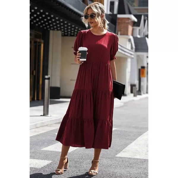 imagePRETTYGARDEN Womens Summer Casual Boho Dress Floral Print Ruffle Puff Sleeve High Waist Midi Beach DressesSolid Wine Red
