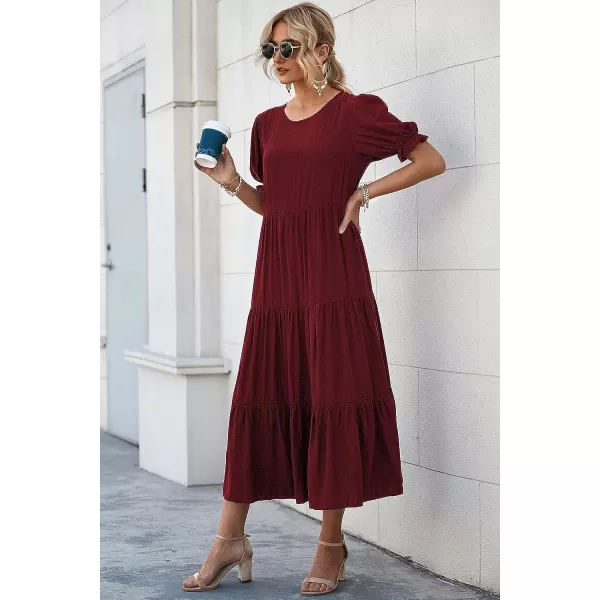 imagePRETTYGARDEN Womens Summer Casual Boho Dress Floral Print Ruffle Puff Sleeve High Waist Midi Beach DressesSolid Wine Red