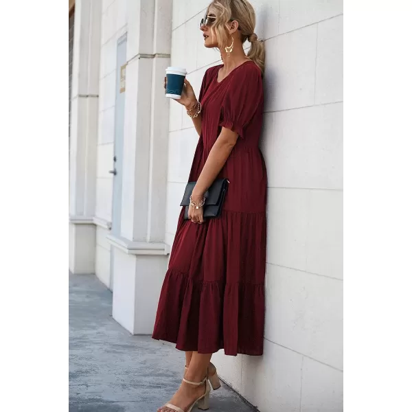 imagePRETTYGARDEN Womens Summer Casual Boho Dress Floral Print Ruffle Puff Sleeve High Waist Midi Beach DressesSolid Wine Red
