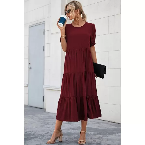 imagePRETTYGARDEN Womens Summer Casual Boho Dress Floral Print Ruffle Puff Sleeve High Waist Midi Beach DressesSolid Wine Red