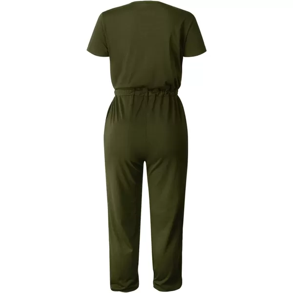 imagePRETTYGARDEN Womens Summer Casual Deep V Neck Short Sleeve Wrap Drawstring Waist Jumpsuit RomperArmy Green