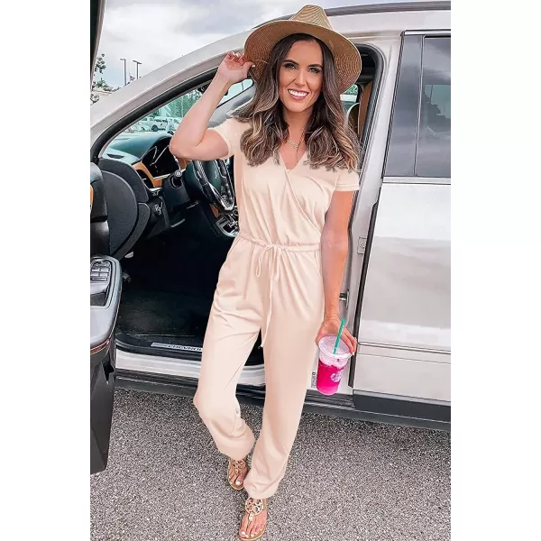 imagePRETTYGARDEN Womens Summer Casual Deep V Neck Short Sleeve Wrap Drawstring Waist Jumpsuit RomperBeige