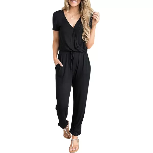 imagePRETTYGARDEN Womens Summer Casual Deep V Neck Short Sleeve Wrap Drawstring Waist Jumpsuit RomperBlack