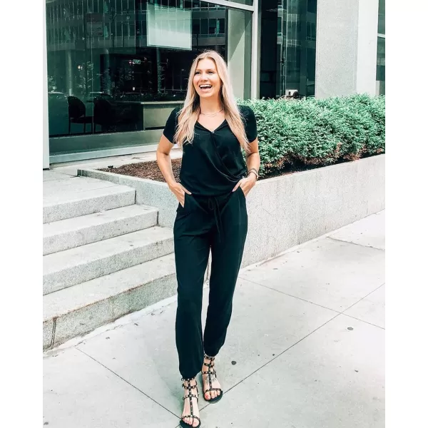 imagePRETTYGARDEN Womens Summer Casual Deep V Neck Short Sleeve Wrap Drawstring Waist Jumpsuit RomperBlack