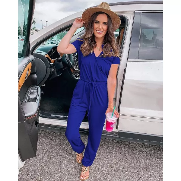 imagePRETTYGARDEN Womens Summer Casual Deep V Neck Short Sleeve Wrap Drawstring Waist Jumpsuit RomperBlue