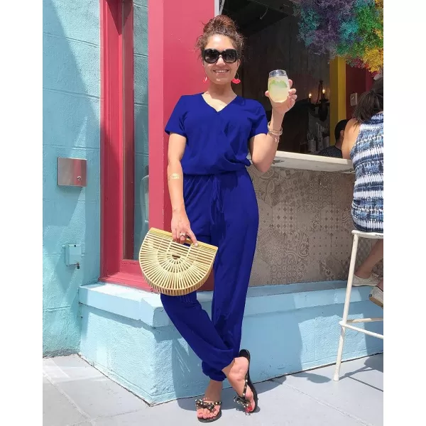 imagePRETTYGARDEN Womens Summer Casual Deep V Neck Short Sleeve Wrap Drawstring Waist Jumpsuit RomperBlue