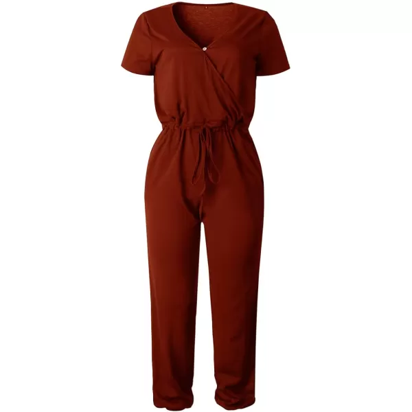 imagePRETTYGARDEN Womens Summer Casual Deep V Neck Short Sleeve Wrap Drawstring Waist Jumpsuit RomperBrick Red