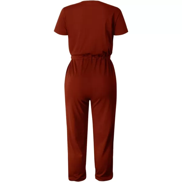 imagePRETTYGARDEN Womens Summer Casual Deep V Neck Short Sleeve Wrap Drawstring Waist Jumpsuit RomperBrick Red