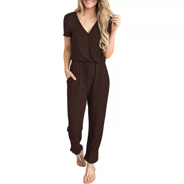 imagePRETTYGARDEN Womens Summer Casual Deep V Neck Short Sleeve Wrap Drawstring Waist Jumpsuit RomperCoffee