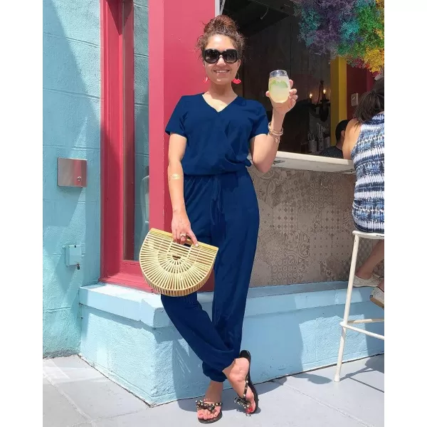 imagePRETTYGARDEN Womens Summer Casual Deep V Neck Short Sleeve Wrap Drawstring Waist Jumpsuit RomperDark Blue