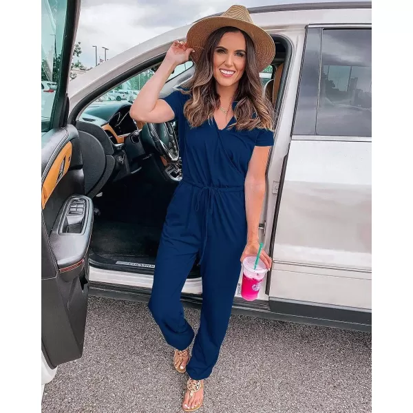 imagePRETTYGARDEN Womens Summer Casual Deep V Neck Short Sleeve Wrap Drawstring Waist Jumpsuit RomperDark Blue