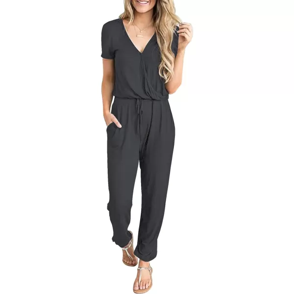 imagePRETTYGARDEN Womens Summer Casual Deep V Neck Short Sleeve Wrap Drawstring Waist Jumpsuit RomperDark Grey