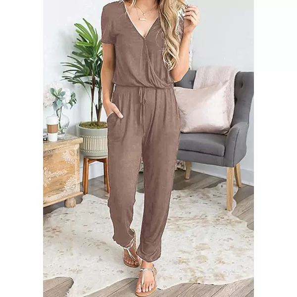 imagePRETTYGARDEN Womens Summer Casual Deep V Neck Short Sleeve Wrap Drawstring Waist Jumpsuit RomperDark Khaki