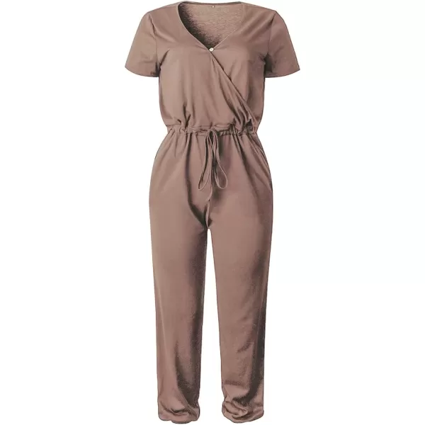 imagePRETTYGARDEN Womens Summer Casual Deep V Neck Short Sleeve Wrap Drawstring Waist Jumpsuit RomperDark Khaki