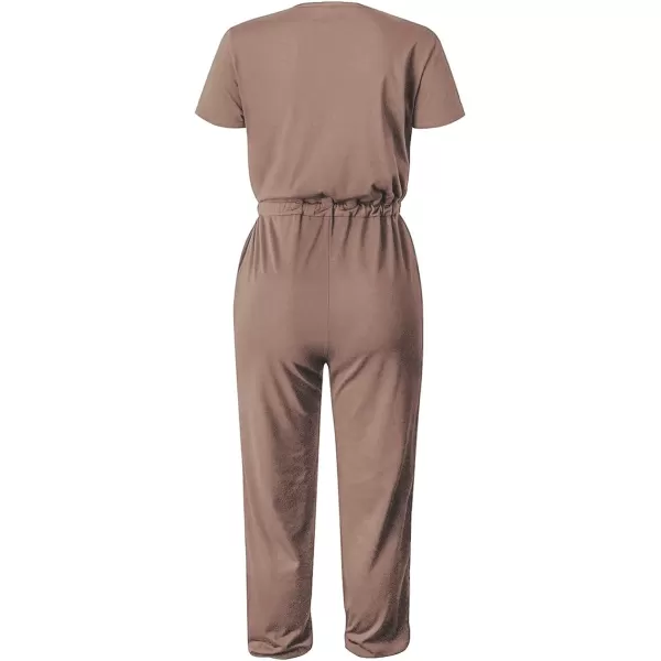 imagePRETTYGARDEN Womens Summer Casual Deep V Neck Short Sleeve Wrap Drawstring Waist Jumpsuit RomperDark Khaki