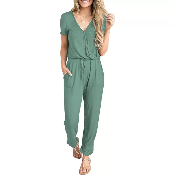 imagePRETTYGARDEN Womens Summer Casual Deep V Neck Short Sleeve Wrap Drawstring Waist Jumpsuit RomperFruit Green