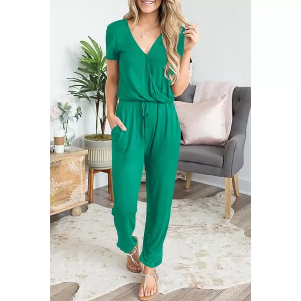 imagePRETTYGARDEN Womens Summer Casual Deep V Neck Short Sleeve Wrap Drawstring Waist Jumpsuit RomperGreen