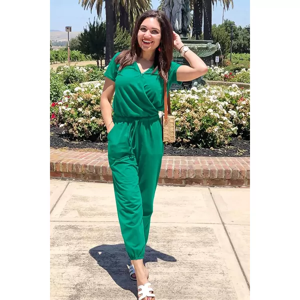 imagePRETTYGARDEN Womens Summer Casual Deep V Neck Short Sleeve Wrap Drawstring Waist Jumpsuit RomperGreen