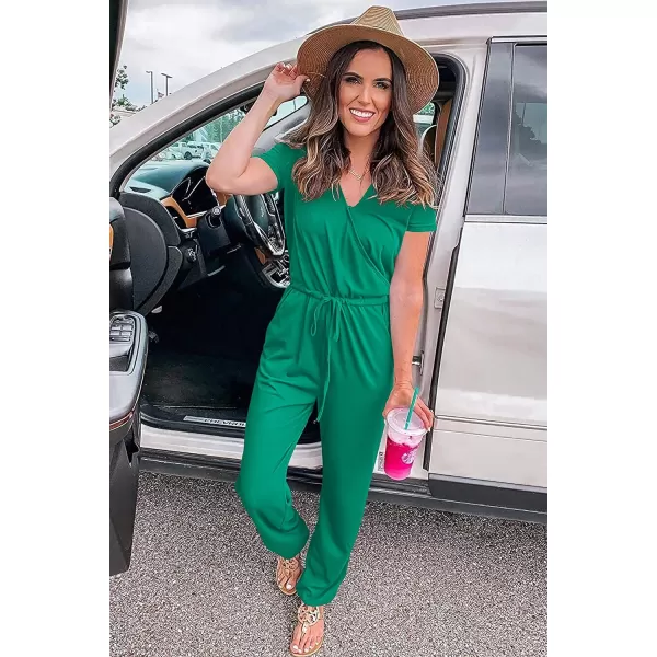imagePRETTYGARDEN Womens Summer Casual Deep V Neck Short Sleeve Wrap Drawstring Waist Jumpsuit RomperGreen