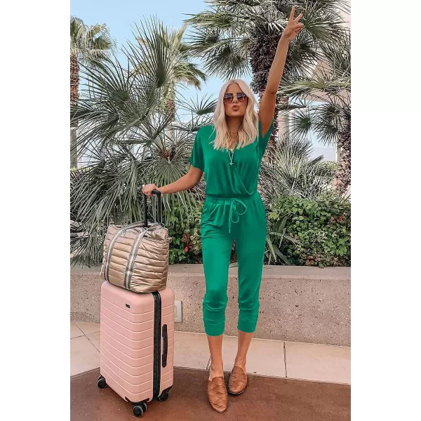 imagePRETTYGARDEN Womens Summer Casual Deep V Neck Short Sleeve Wrap Drawstring Waist Jumpsuit RomperGreen