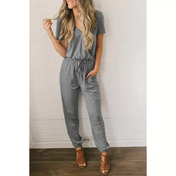 imagePRETTYGARDEN Womens Summer Casual Deep V Neck Short Sleeve Wrap Drawstring Waist Jumpsuit RomperGrey