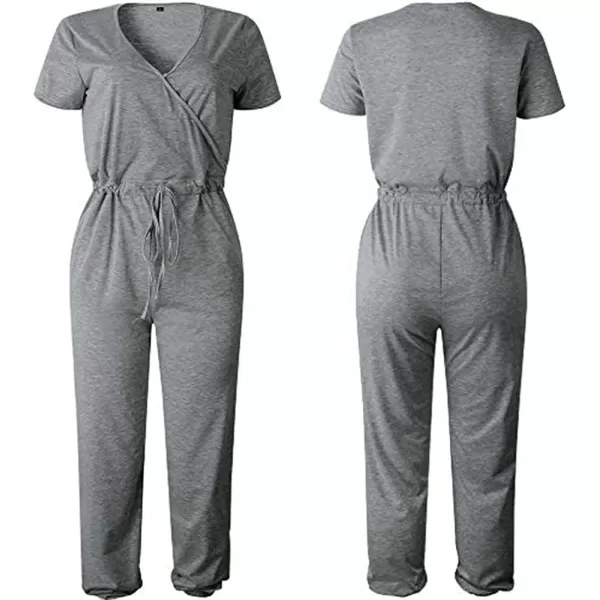 imagePRETTYGARDEN Womens Summer Casual Deep V Neck Short Sleeve Wrap Drawstring Waist Jumpsuit RomperGrey