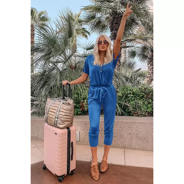 imagePRETTYGARDEN Womens Summer Casual Deep V Neck Short Sleeve Wrap Drawstring Waist Jumpsuit RomperGrey Blue