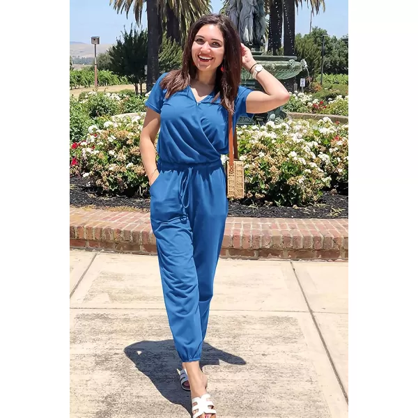 imagePRETTYGARDEN Womens Summer Casual Deep V Neck Short Sleeve Wrap Drawstring Waist Jumpsuit RomperGrey Blue
