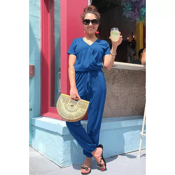 imagePRETTYGARDEN Womens Summer Casual Deep V Neck Short Sleeve Wrap Drawstring Waist Jumpsuit RomperGrey Blue