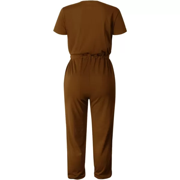 imagePRETTYGARDEN Womens Summer Casual Deep V Neck Short Sleeve Wrap Drawstring Waist Jumpsuit RomperLight Brown