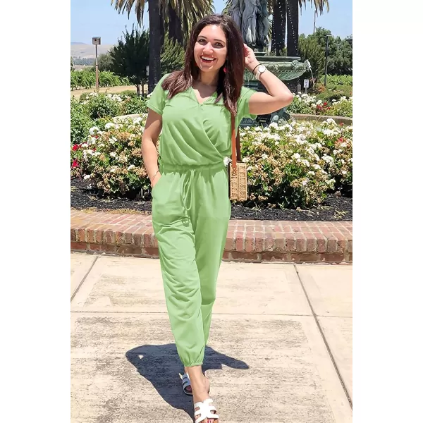 imagePRETTYGARDEN Womens Summer Casual Deep V Neck Short Sleeve Wrap Drawstring Waist Jumpsuit RomperLight Green