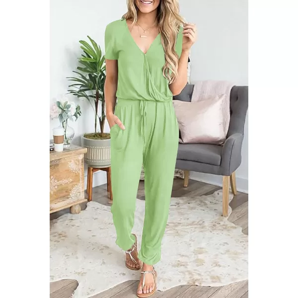 imagePRETTYGARDEN Womens Summer Casual Deep V Neck Short Sleeve Wrap Drawstring Waist Jumpsuit RomperLight Green