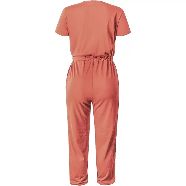 imagePRETTYGARDEN Womens Summer Casual Deep V Neck Short Sleeve Wrap Drawstring Waist Jumpsuit RomperLight Pink