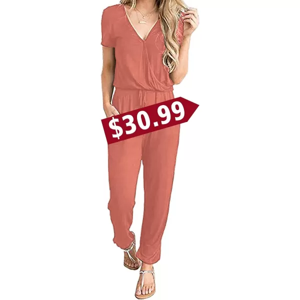 imagePRETTYGARDEN Womens Summer Casual Deep V Neck Short Sleeve Wrap Drawstring Waist Jumpsuit RomperLight Pink