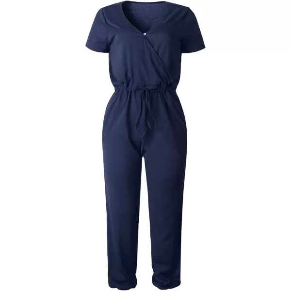 imagePRETTYGARDEN Womens Summer Casual Deep V Neck Short Sleeve Wrap Drawstring Waist Jumpsuit RomperNavy