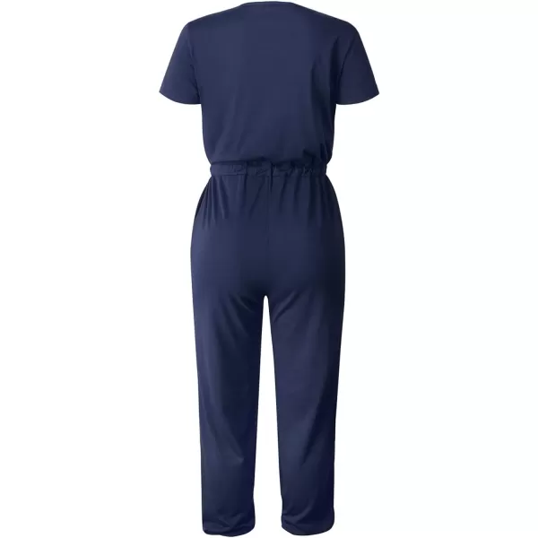 imagePRETTYGARDEN Womens Summer Casual Deep V Neck Short Sleeve Wrap Drawstring Waist Jumpsuit RomperNavy