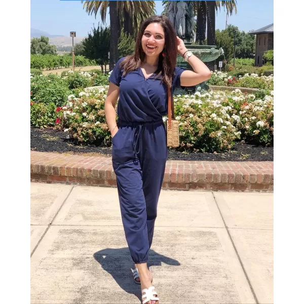 imagePRETTYGARDEN Womens Summer Casual Deep V Neck Short Sleeve Wrap Drawstring Waist Jumpsuit RomperNavy