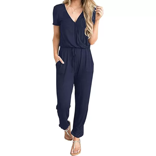 imagePRETTYGARDEN Womens Summer Casual Deep V Neck Short Sleeve Wrap Drawstring Waist Jumpsuit RomperNavy
