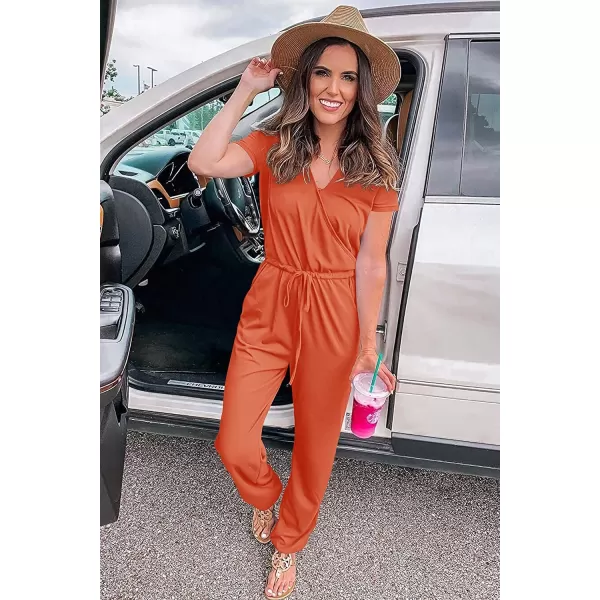 imagePRETTYGARDEN Womens Summer Casual Deep V Neck Short Sleeve Wrap Drawstring Waist Jumpsuit RomperOrange Red