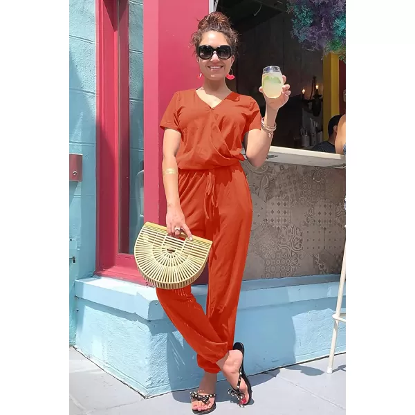 imagePRETTYGARDEN Womens Summer Casual Deep V Neck Short Sleeve Wrap Drawstring Waist Jumpsuit RomperOrange Red