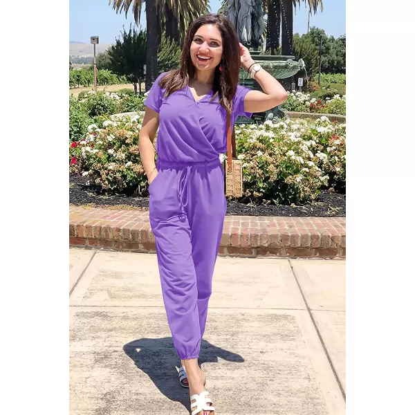 imagePRETTYGARDEN Womens Summer Casual Deep V Neck Short Sleeve Wrap Drawstring Waist Jumpsuit RomperPurple