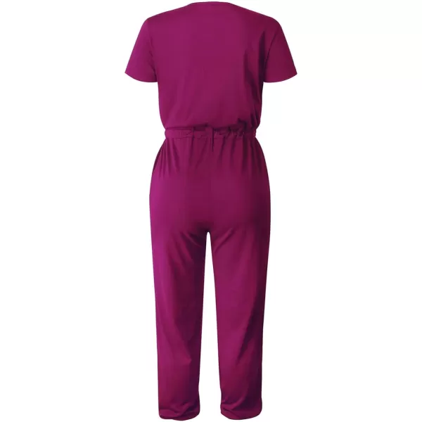 imagePRETTYGARDEN Womens Summer Casual Deep V Neck Short Sleeve Wrap Drawstring Waist Jumpsuit RomperPurple Red