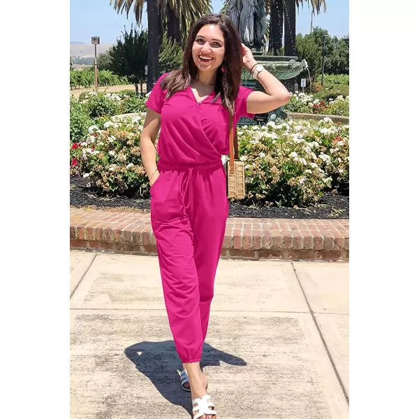 imagePRETTYGARDEN Womens Summer Casual Deep V Neck Short Sleeve Wrap Drawstring Waist Jumpsuit RomperRose Red