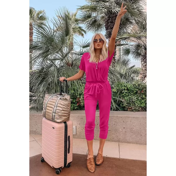 imagePRETTYGARDEN Womens Summer Casual Deep V Neck Short Sleeve Wrap Drawstring Waist Jumpsuit RomperRose Red