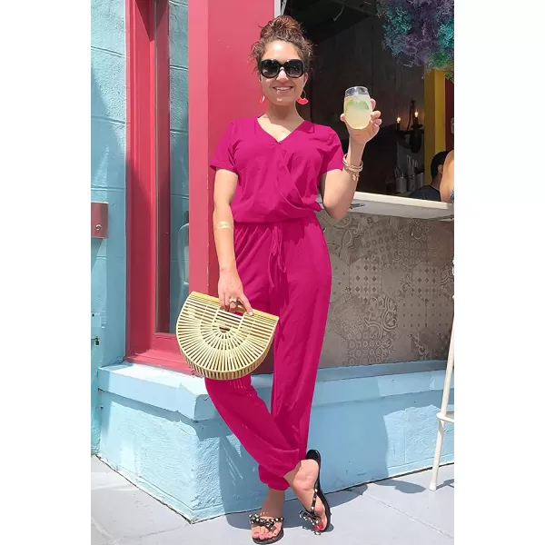 imagePRETTYGARDEN Womens Summer Casual Deep V Neck Short Sleeve Wrap Drawstring Waist Jumpsuit RomperRose Red