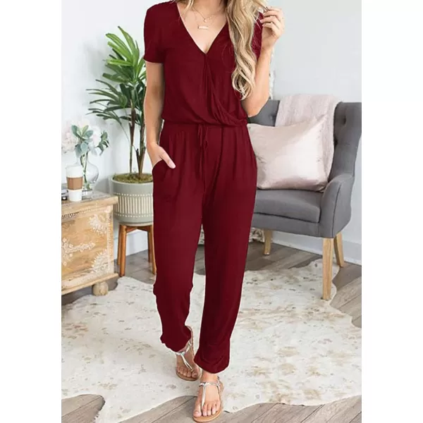 imagePRETTYGARDEN Womens Summer Casual Deep V Neck Short Sleeve Wrap Drawstring Waist Jumpsuit RomperWine Red