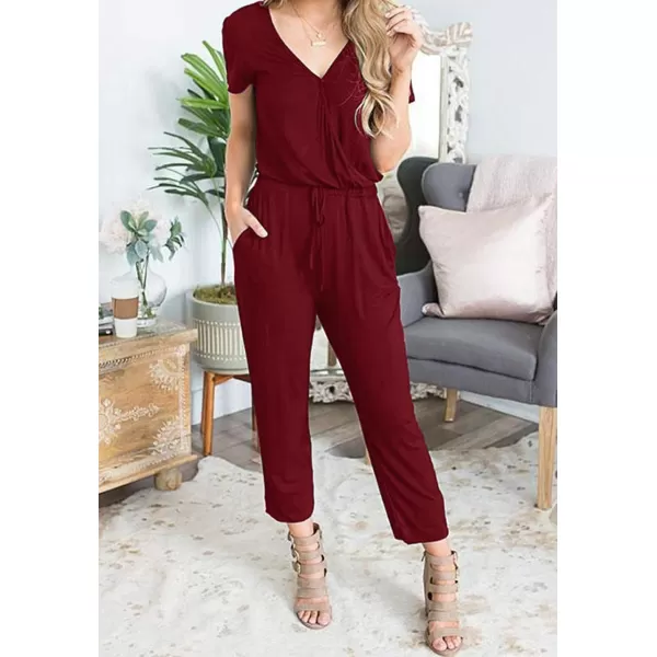 imagePRETTYGARDEN Womens Summer Casual Deep V Neck Short Sleeve Wrap Drawstring Waist Jumpsuit RomperWine Red